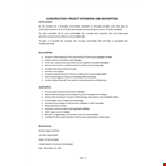 Construction Project Estimator Job Description example document template