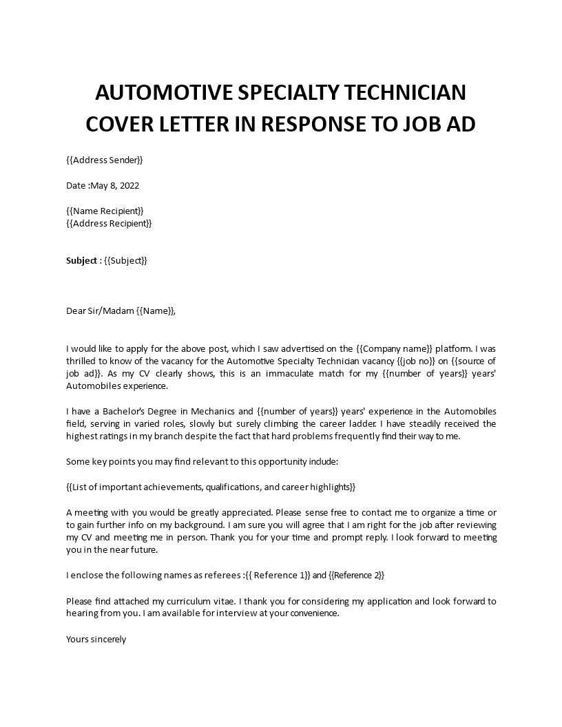 automotive specialty technician cover letter