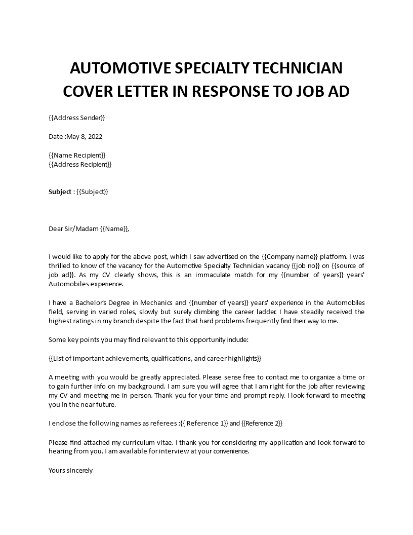 automotive specialty technician cover letter Main Image automotive specialty technician cover letter