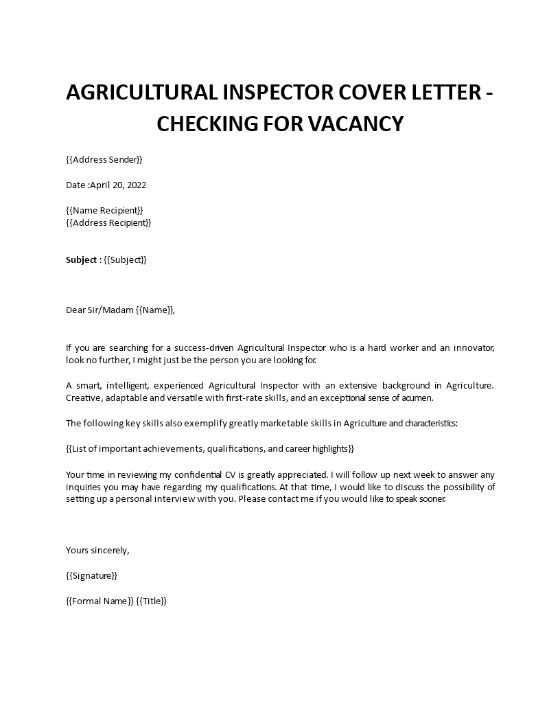 application letter for agriculture inspector