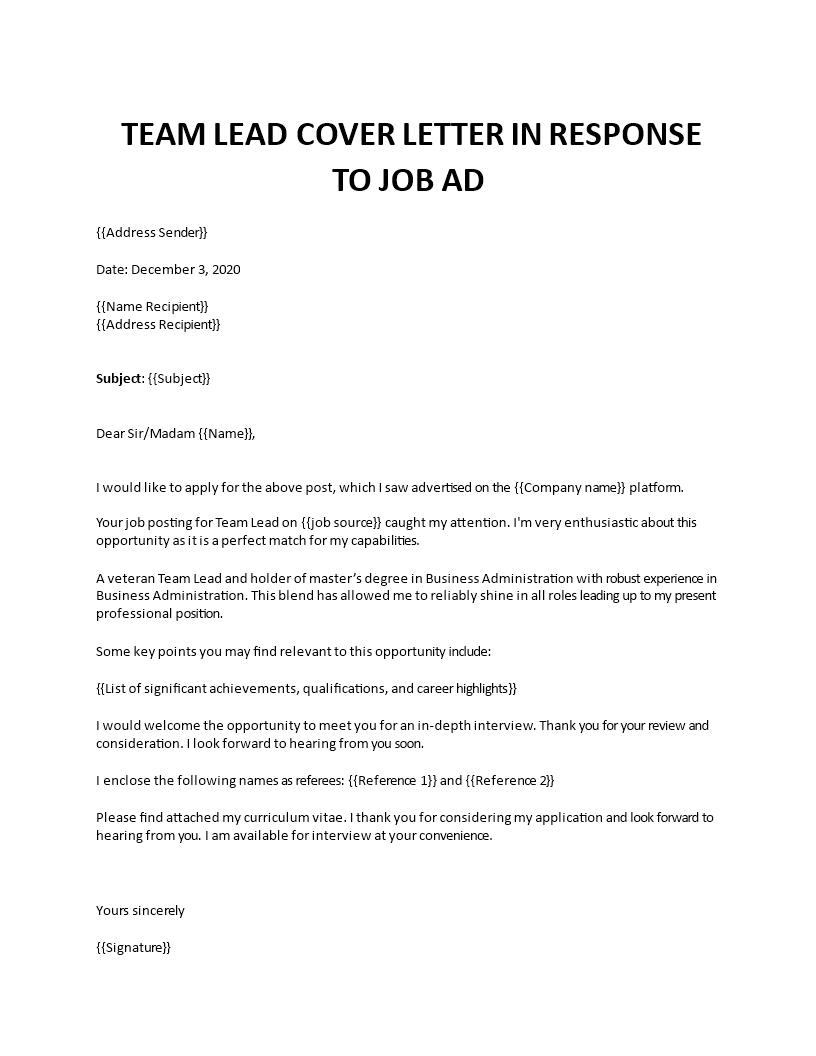 cover letter for team leader position
