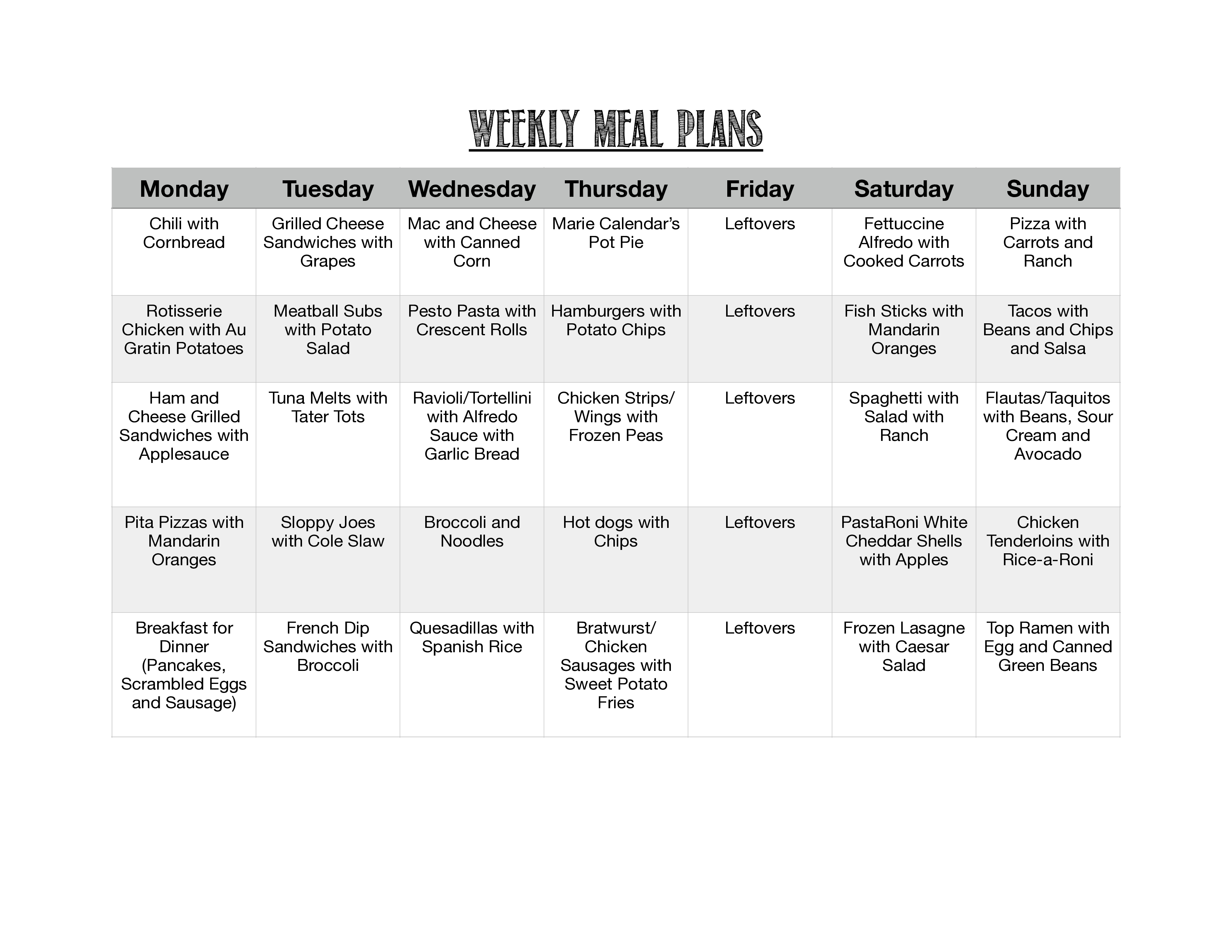 Weekly Meal Calendar