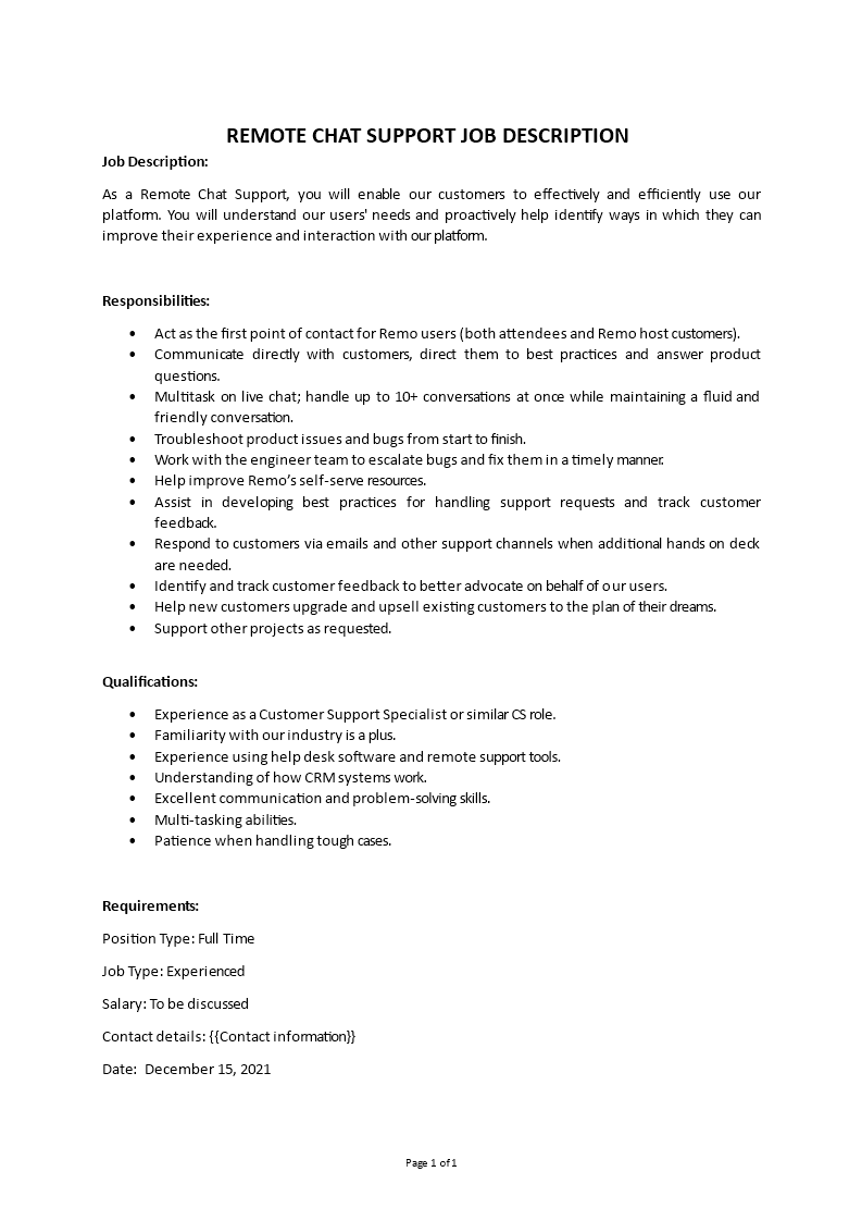 remote chat support job description Main Image remote chat support job description template