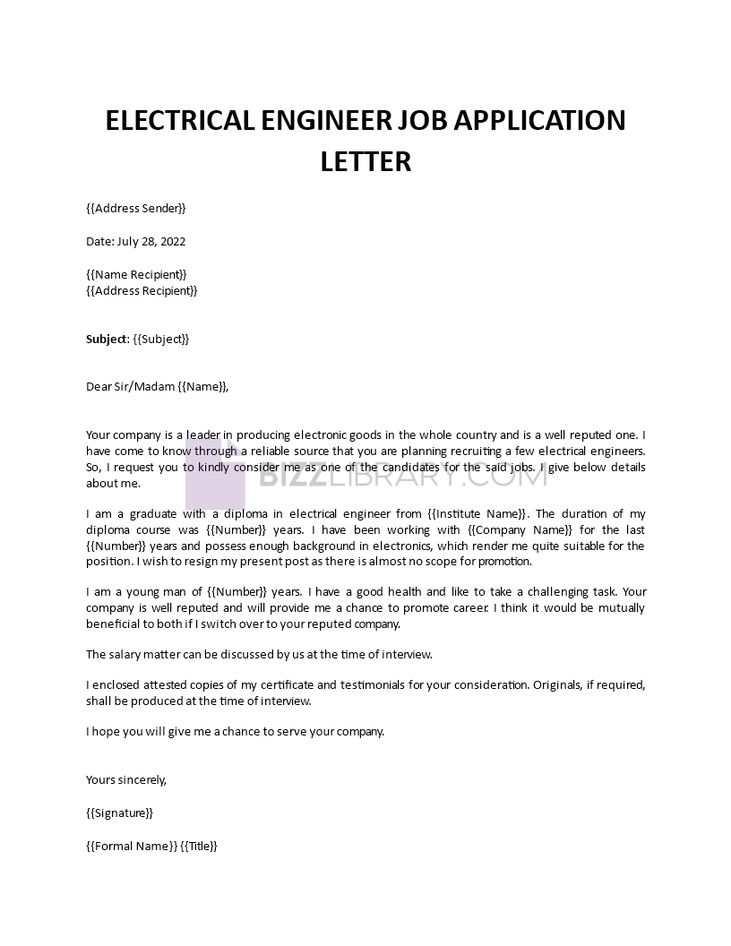 electrical engineer job application letter