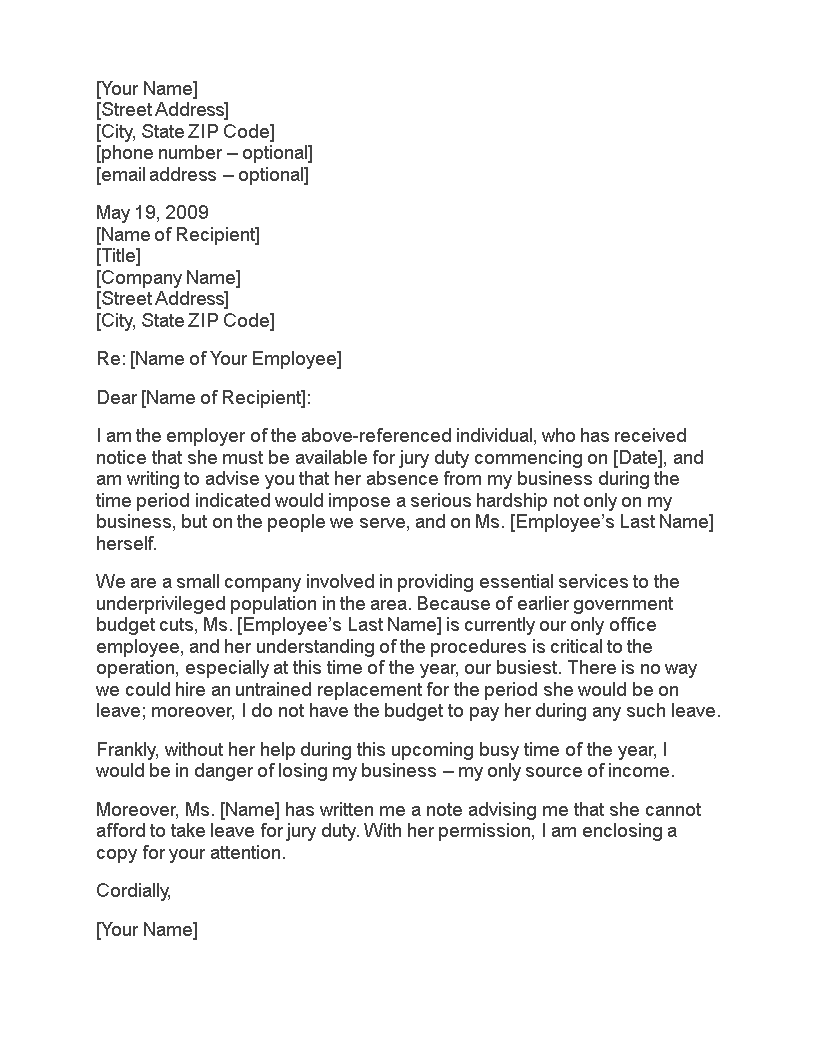 Jury Duty Excuse Letter Template | Employee Business Address
