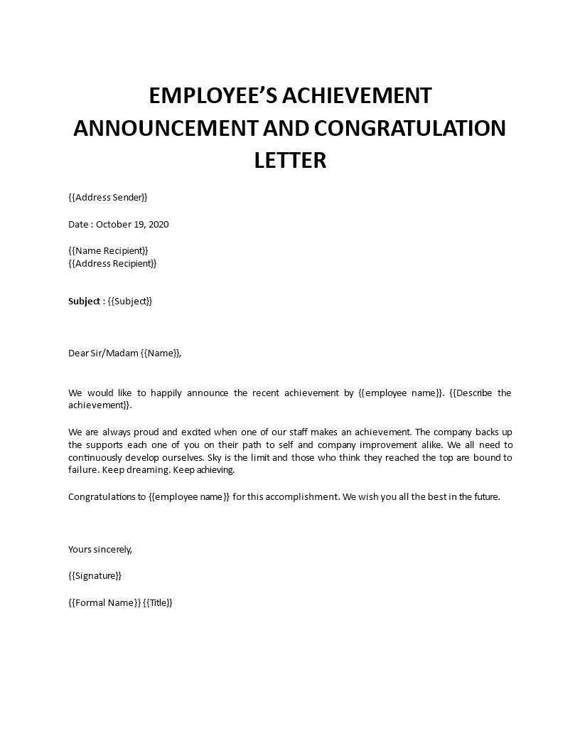 employee achievement congratulation letter