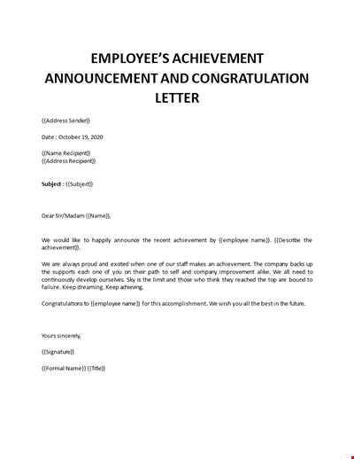 Employee achievement congratulation letter
