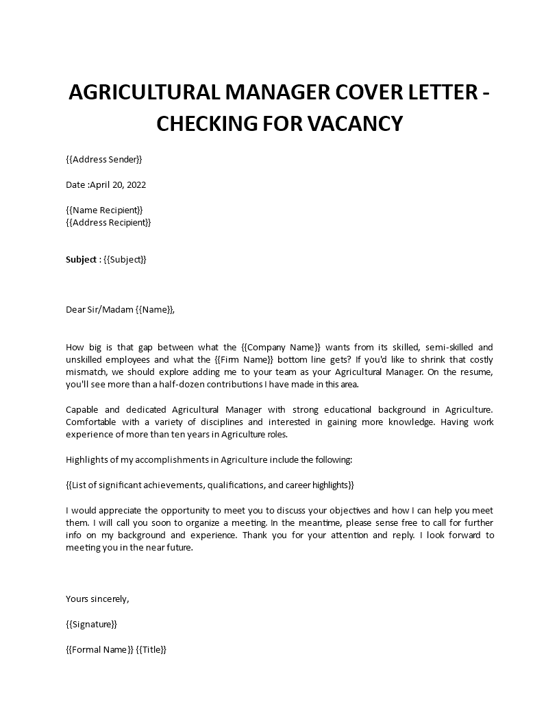 agricultural manager application letter