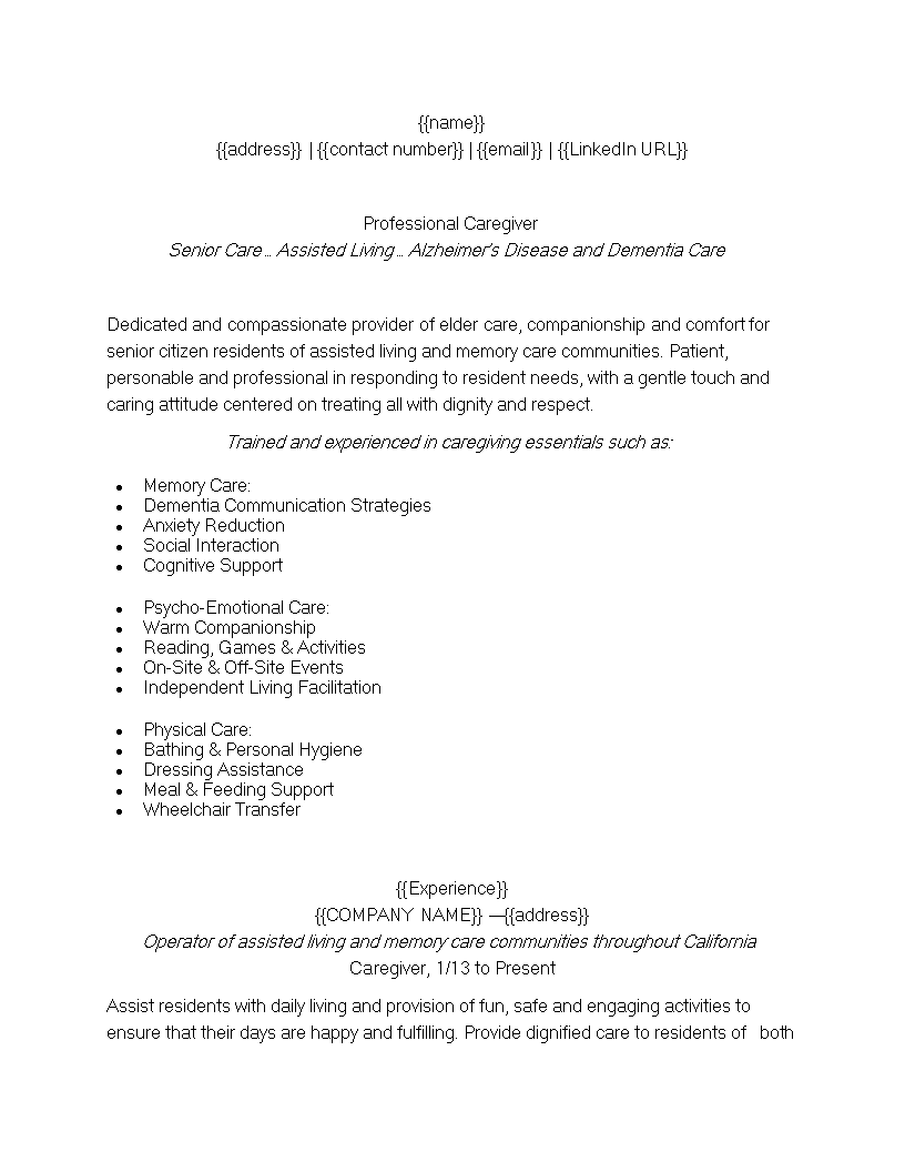 caregiver resume Main Image caregiver resume template