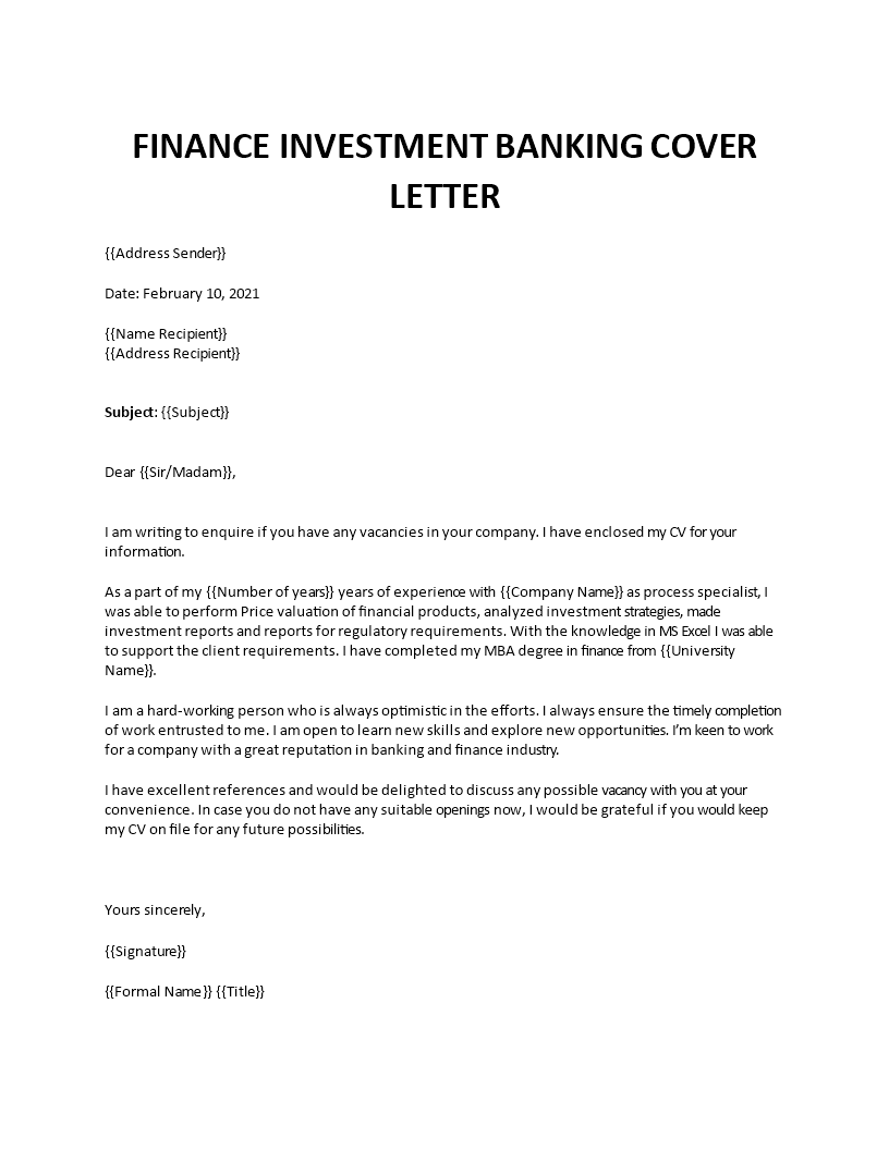 Finance investment banking cover letter