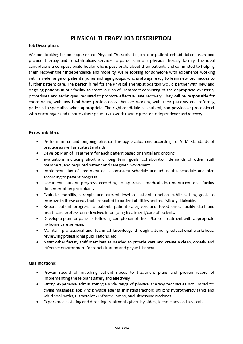 physical therapy job description template