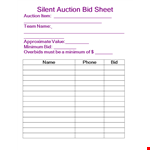 Silent Auction Bid Sheet Template - Record Bids with Ease example document template