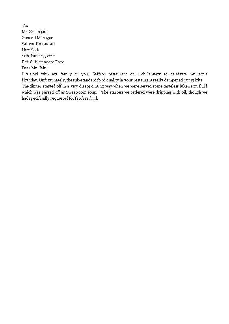 Food Quality Complaint Letter food-quality-complaint-letter
