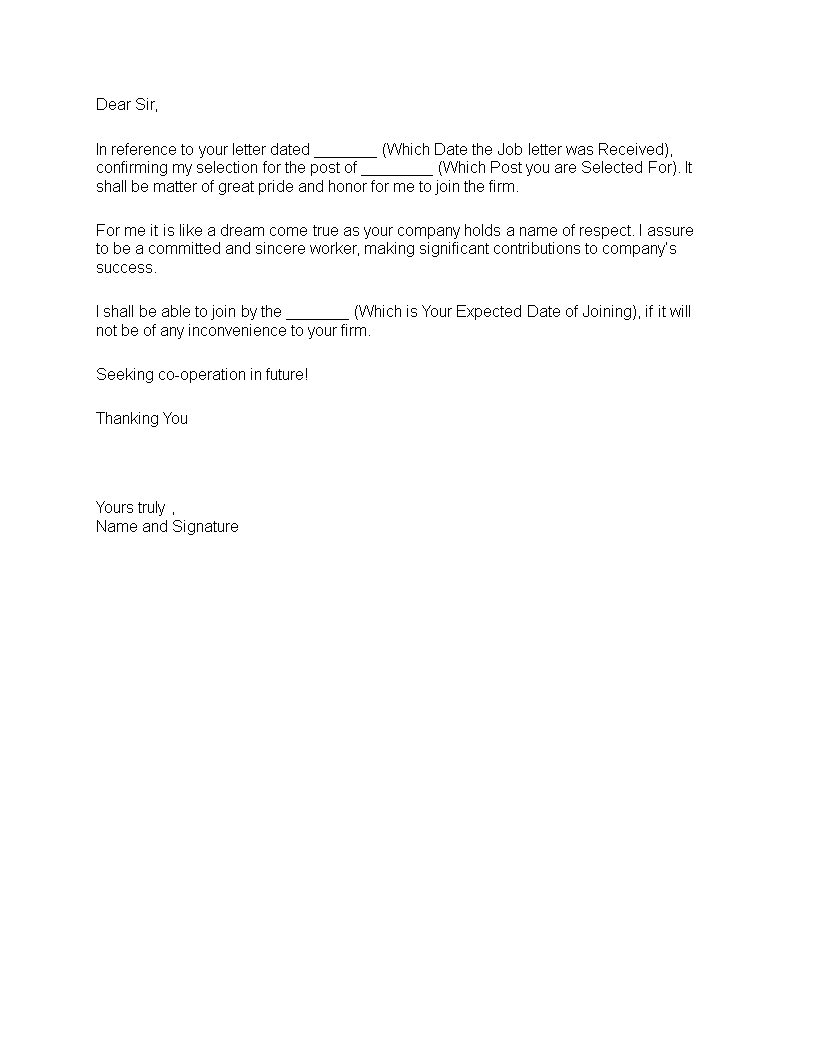 Accepting job offer sample letter to confirm employment