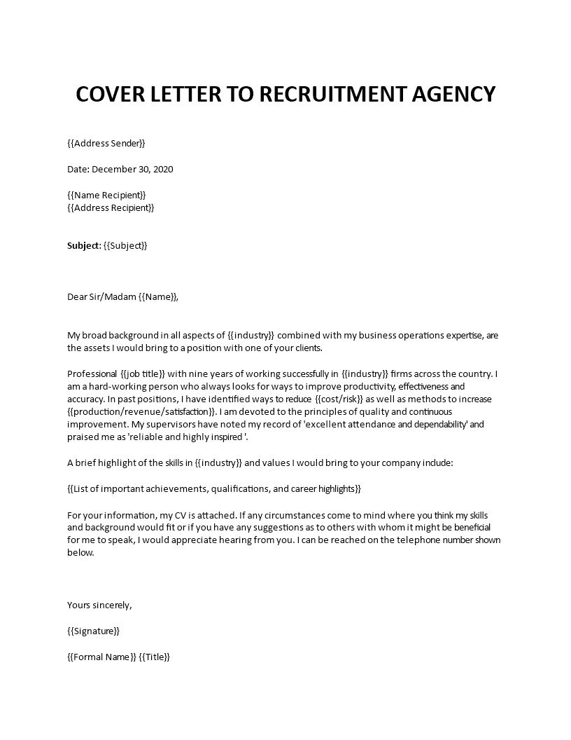 cover letter to recruitment agency