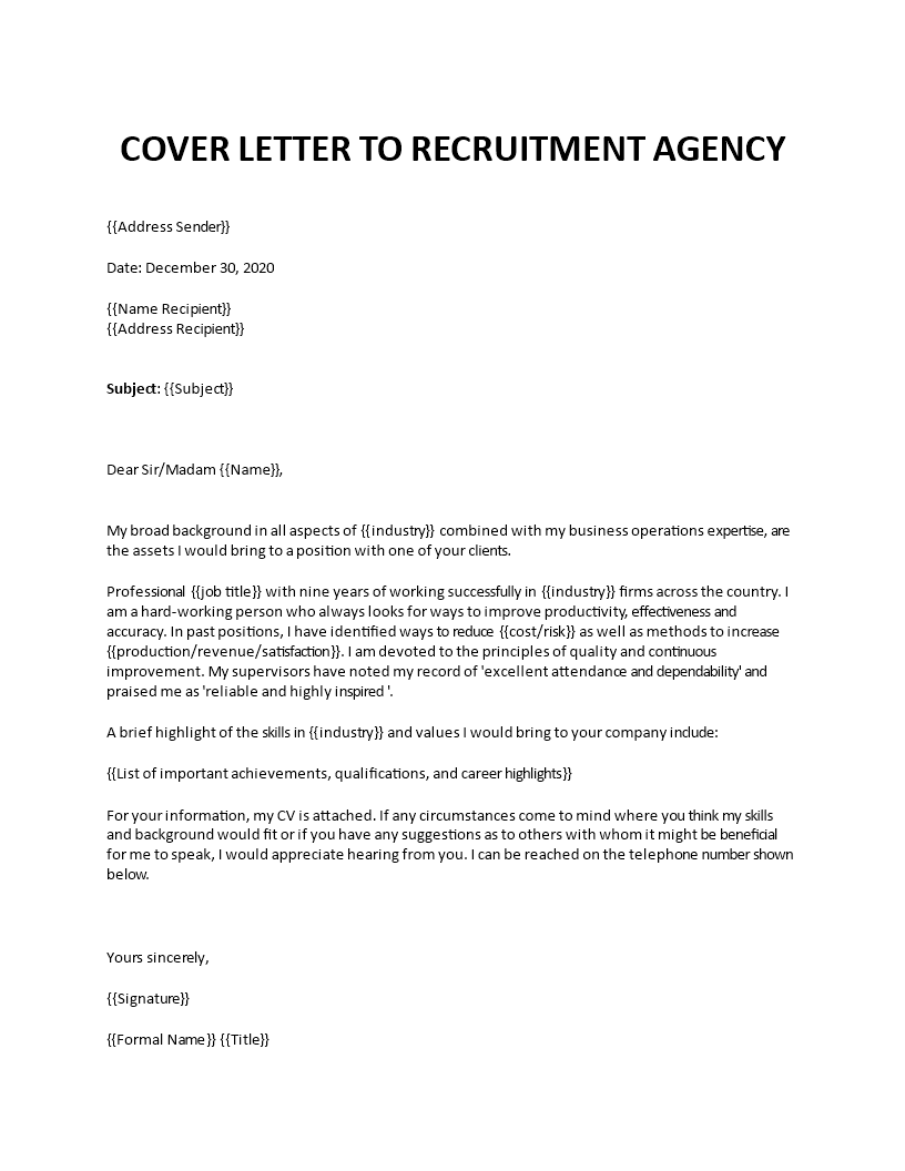 Cover letter to recruitment agency