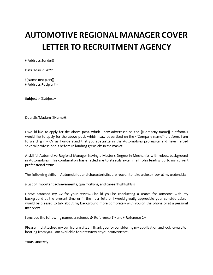 automotive regional manager cover letter