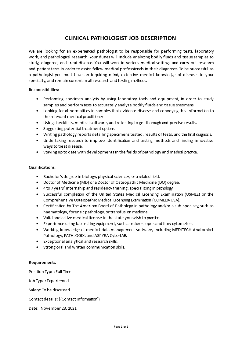 clinical pathologist job description