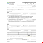 Subcontractor Construction Purchase Order Form example document template