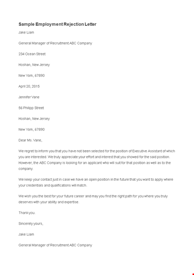 Sample Employment Rejection Letter