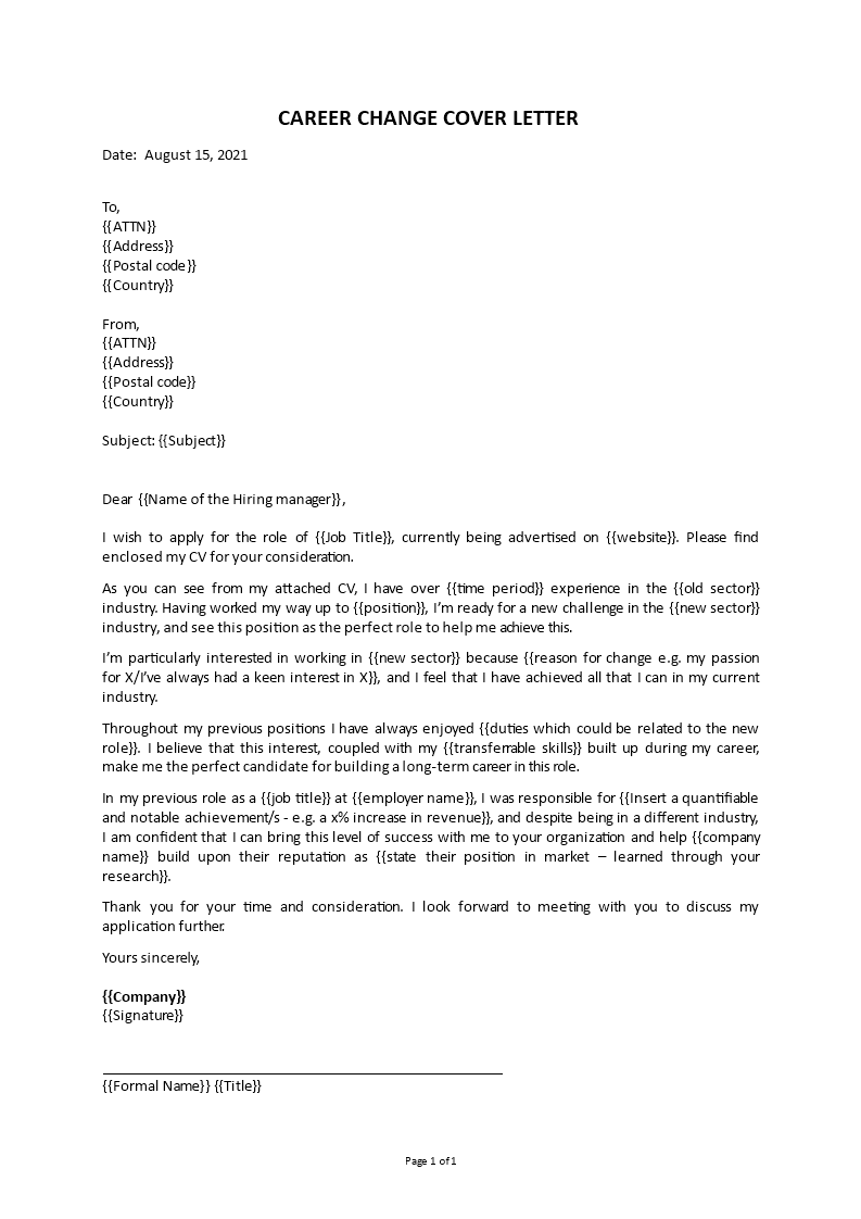 career change cover letter Main Image career change cover letter template