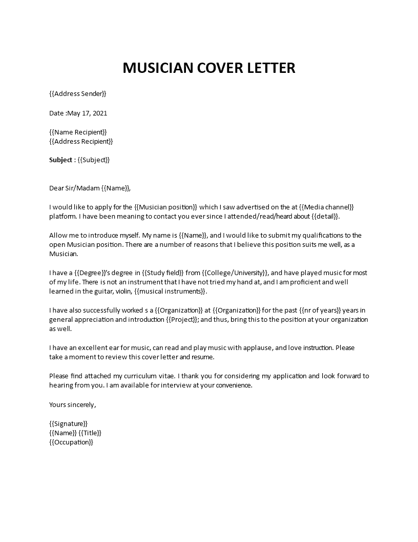 musician cover letter example