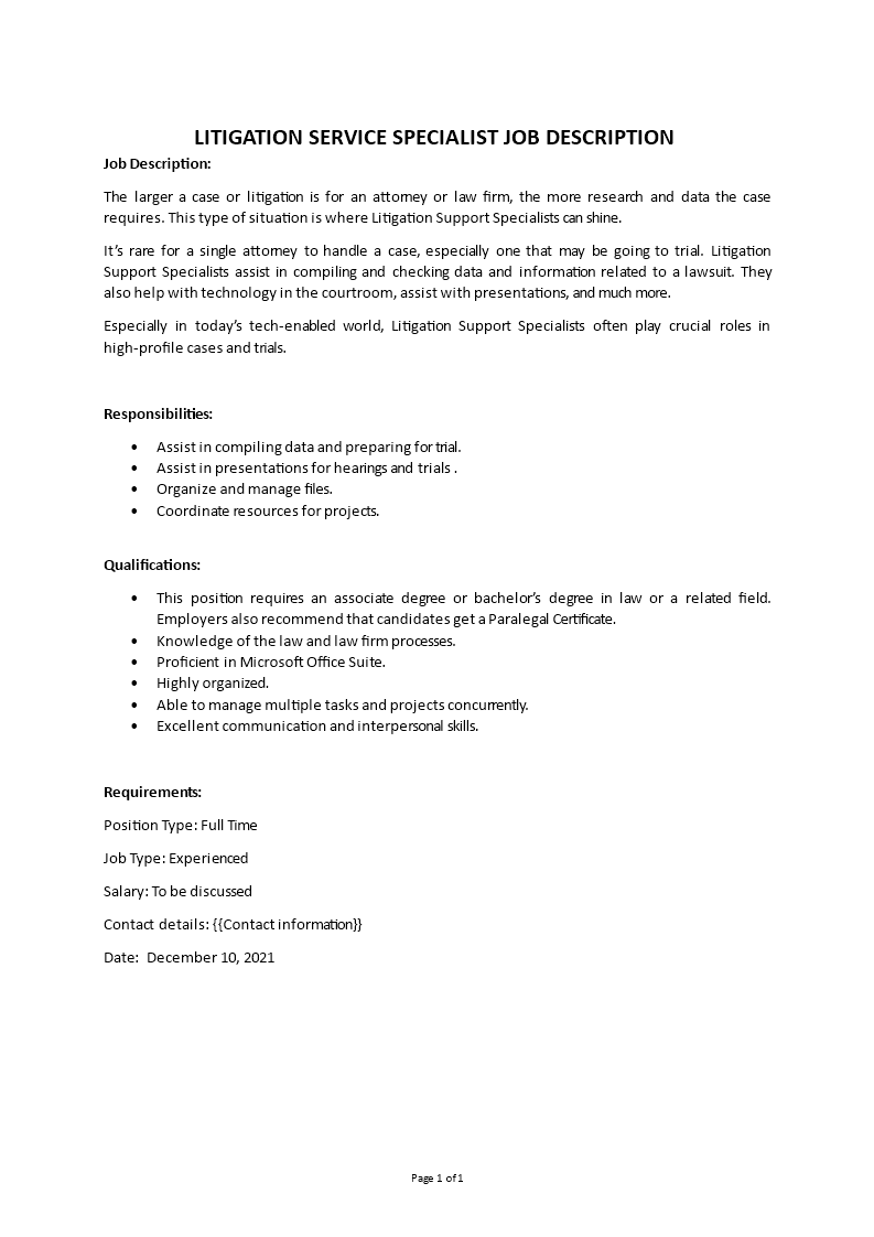 litigation support specialist job description Main Image litigation support specialist job description