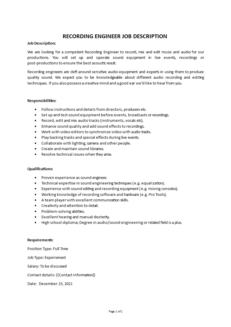 recording engineer job description Main Image recording engineer job description template