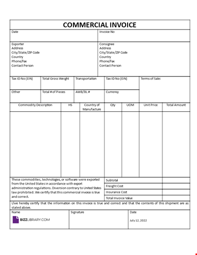 Commercial Invoice Sample Template