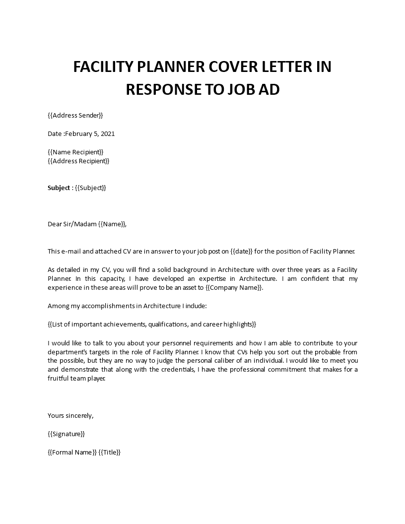 facility planner cover letter in response to job ad