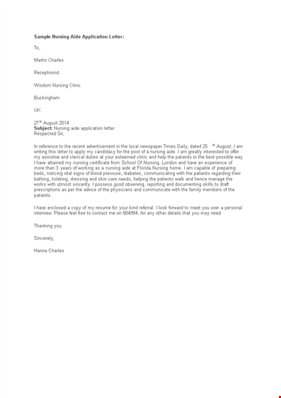 Sample Nursing Aide Job Application Letter