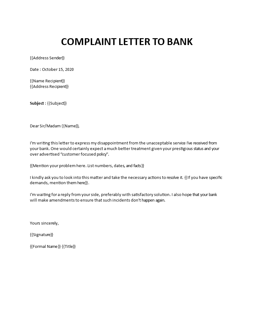 complaint letter to bank template
