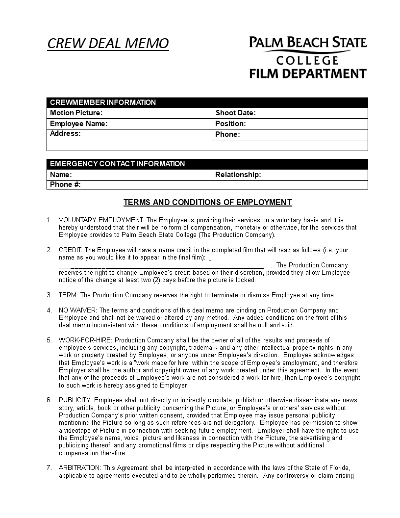 Employee Deal Memo Template: Clearly Outline Employee Details, Terms