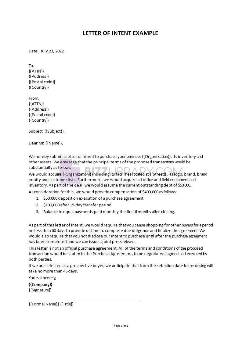 letter of intent example template