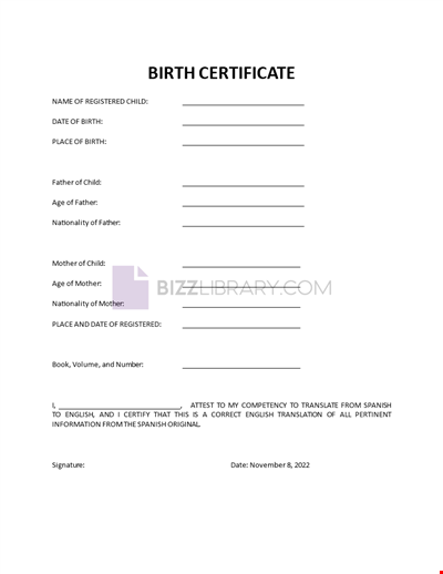 English Birth Certificate Translation Form