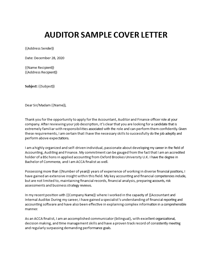 cover letter samples for internal auditor