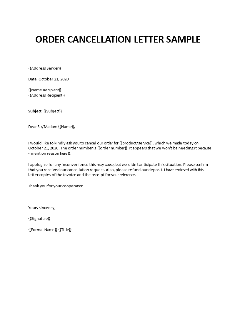 cancel order letter sample