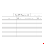 Printable Monthly Shopping List example document template 