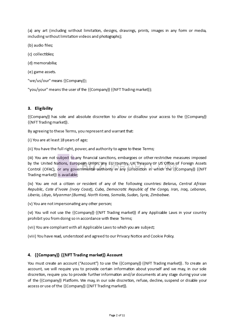 nft terms and conditions template example