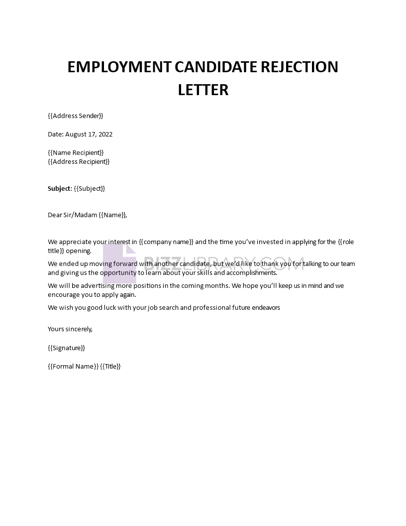employment candidate rejection template
