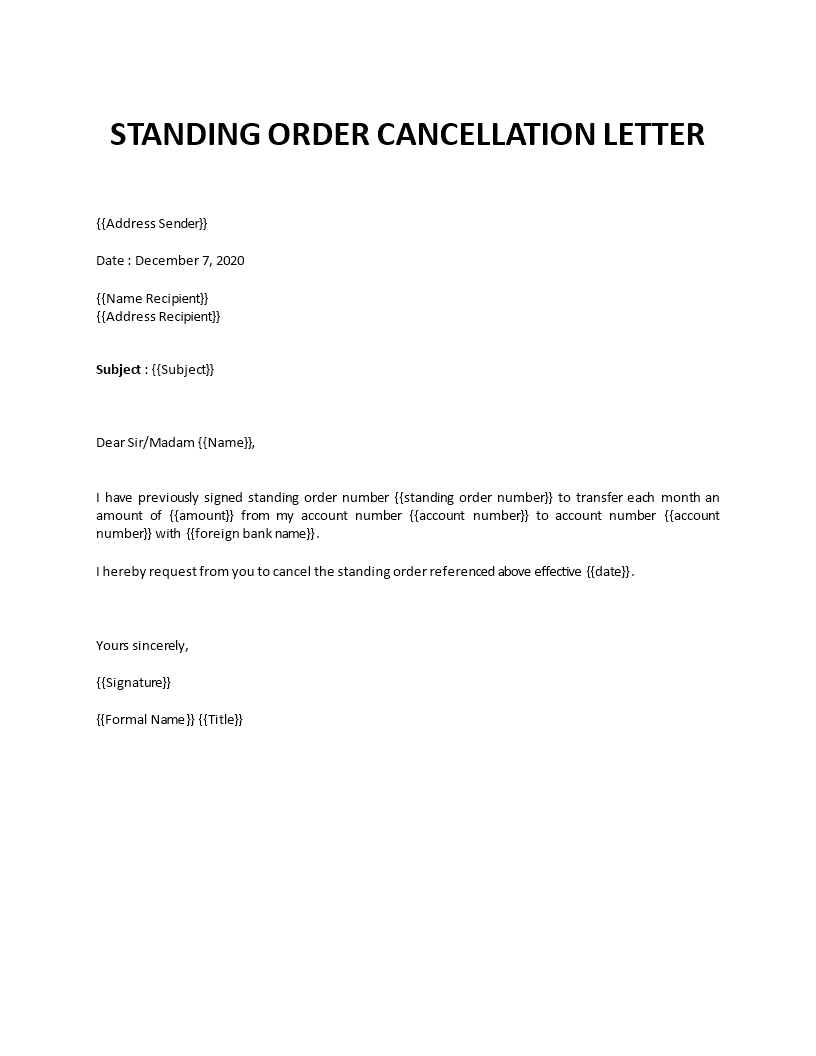 standing order cancellation letter template