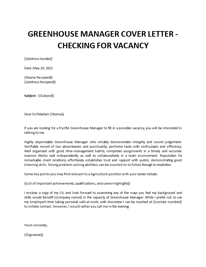 greenhouse manager cover letter template