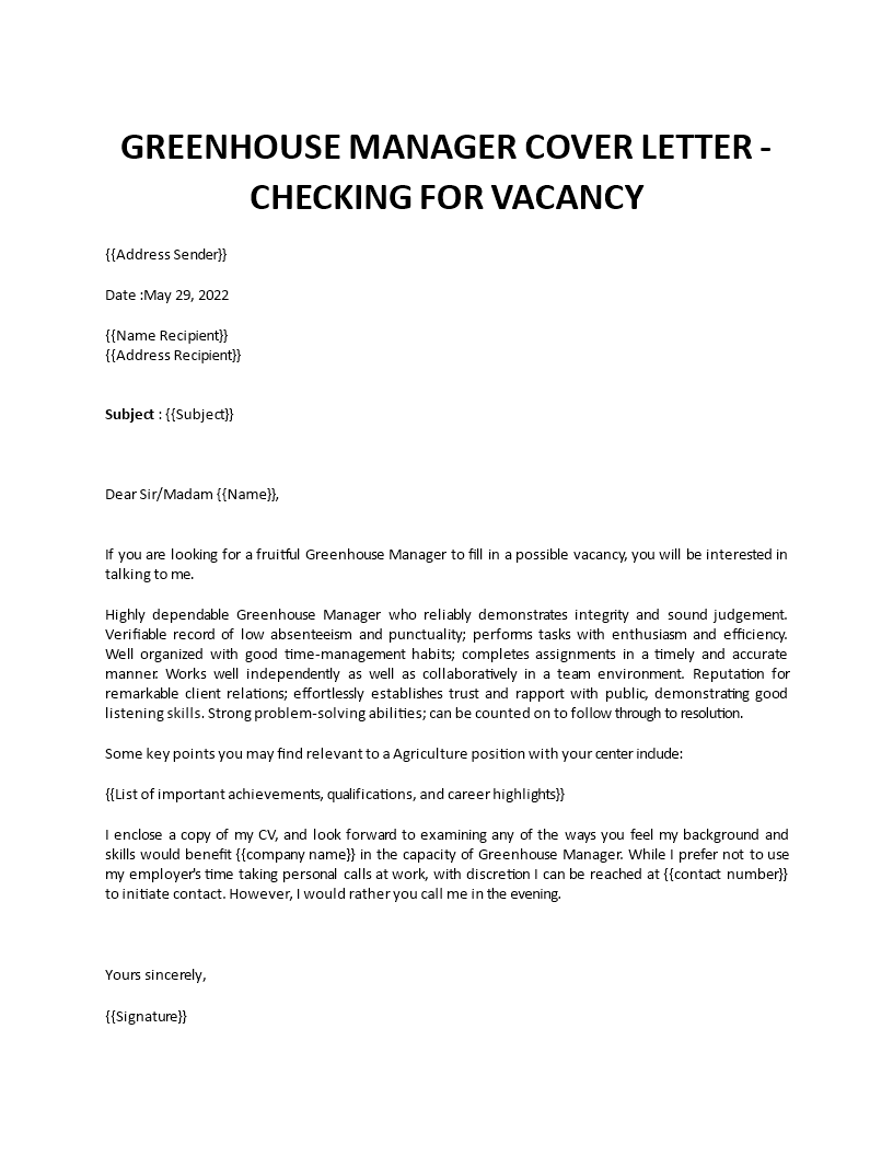 greenhouse manager cover letter Main Image greenhouse manager cover letter template