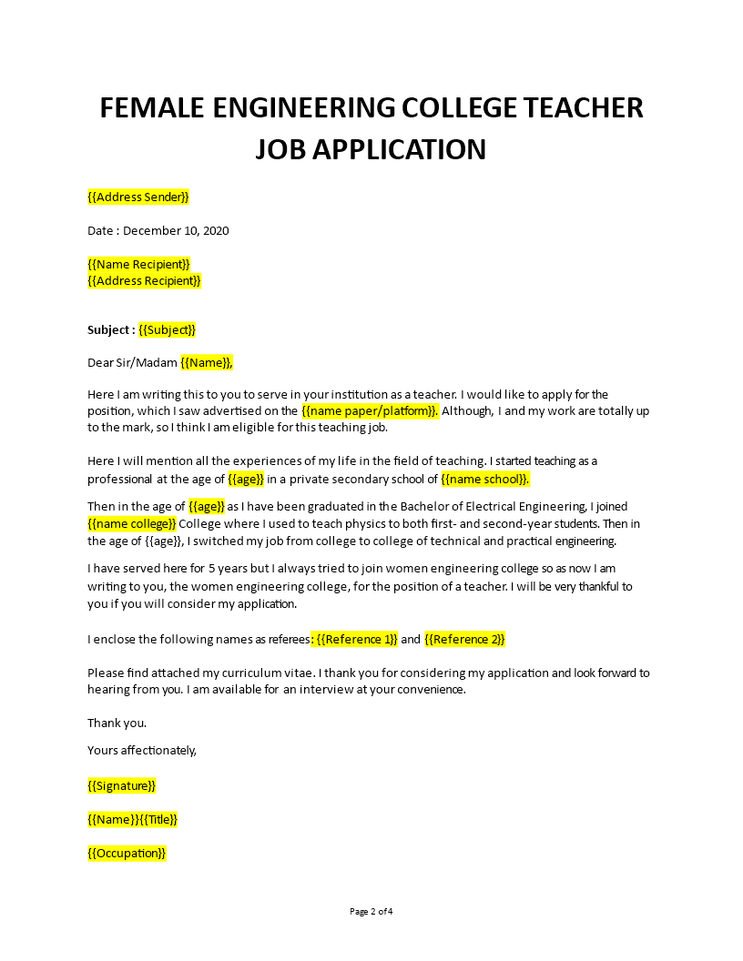 application for teacher in engineering college