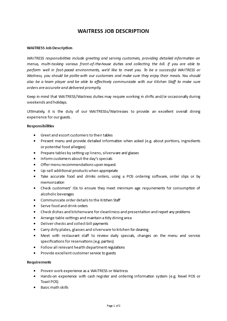 waitress job description Main Image waitress job description
