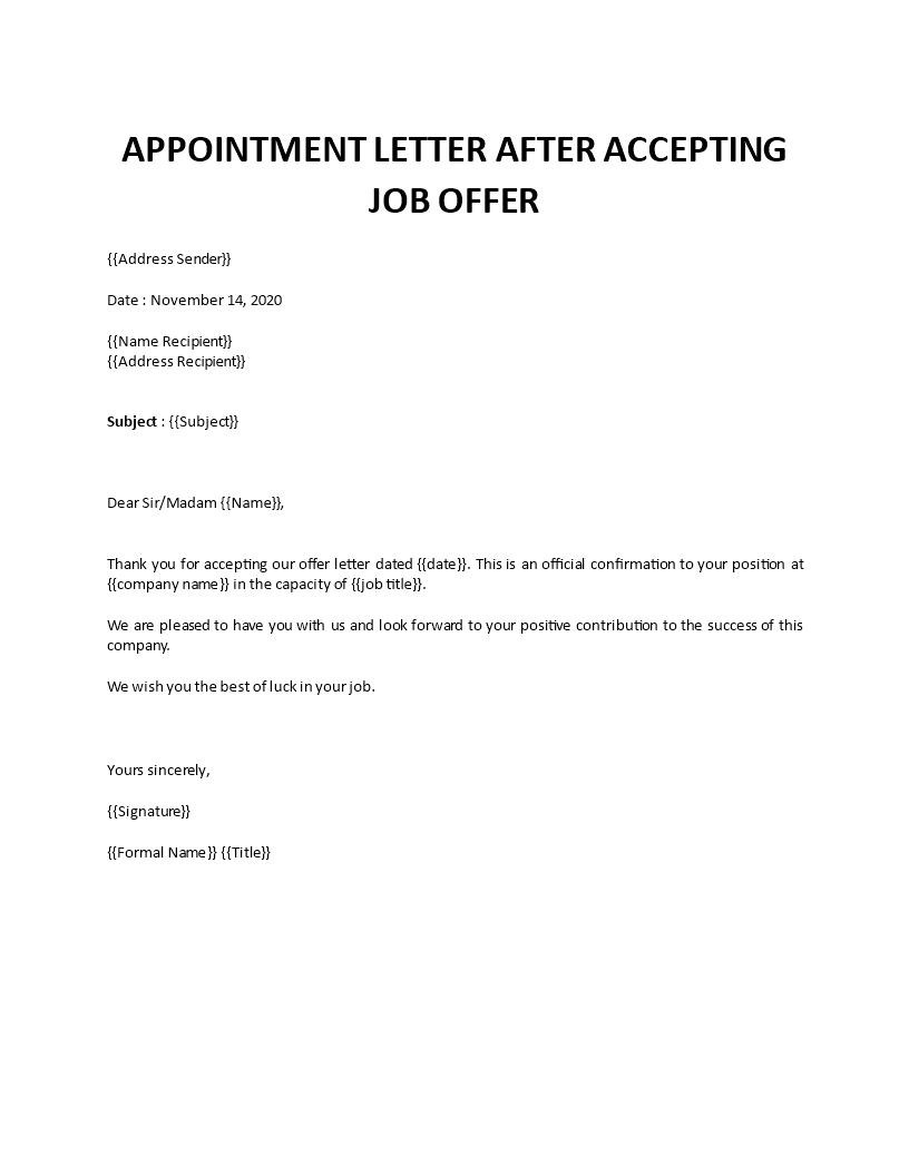 appointment letter after accepting job offer