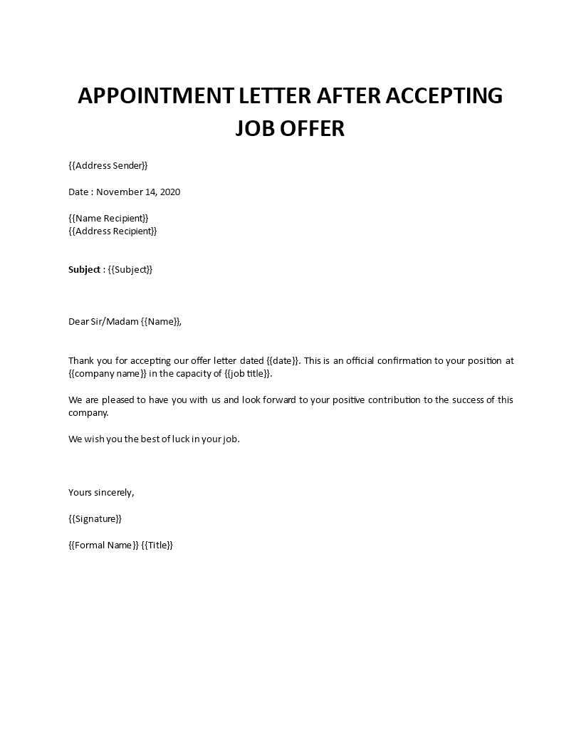 Appointment Letter after accepting job offer