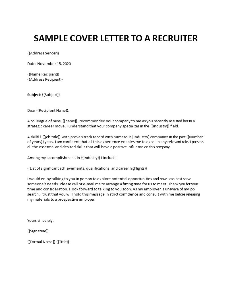 sample cover letter to a recruiter