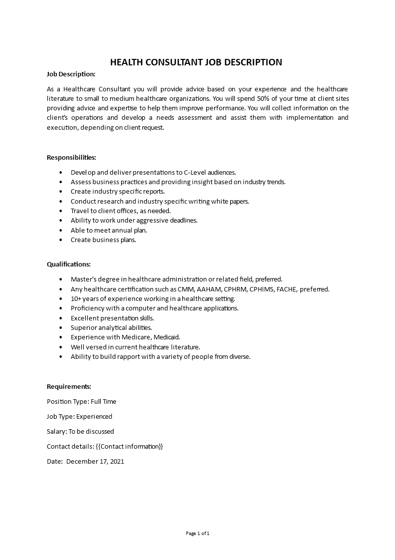 health consultant job description template