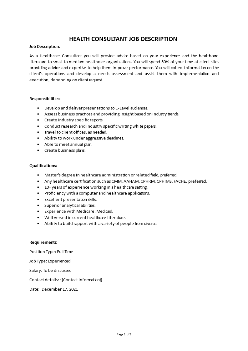 health consultant job description